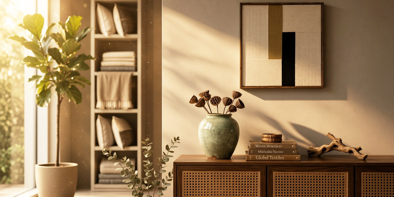 Obra textil de Cordel colgada en un salón luminoso con aparador de madera y plantas